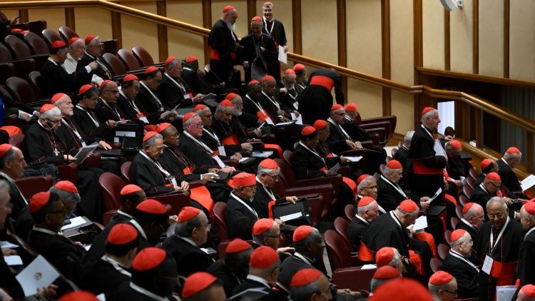 Os cardeais reunidos na Sala do Sínodo, no Vaticano (Vatican Media)