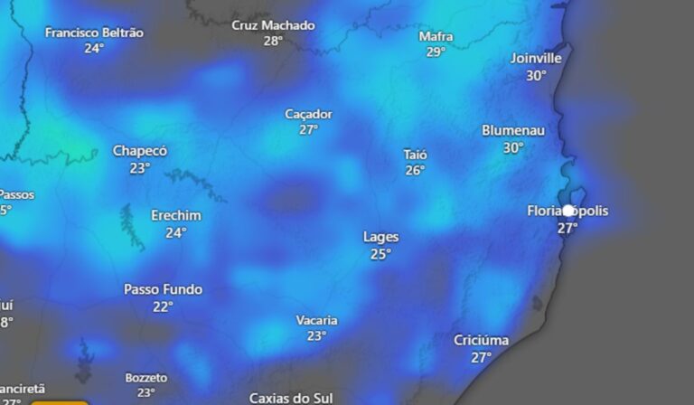 Imagem de satélite mostra acumulado previsto para chuva em SC entre esta terça (30) e quarta (31)